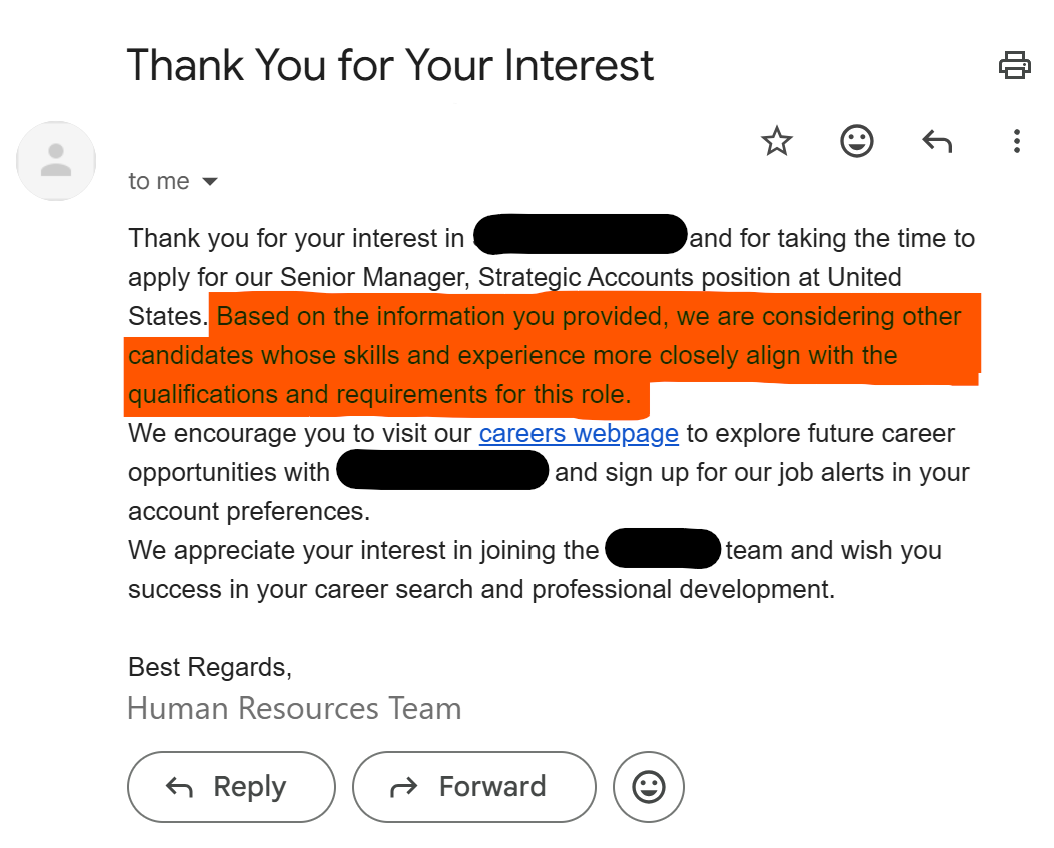 Rejection email — We have decided not to move forward